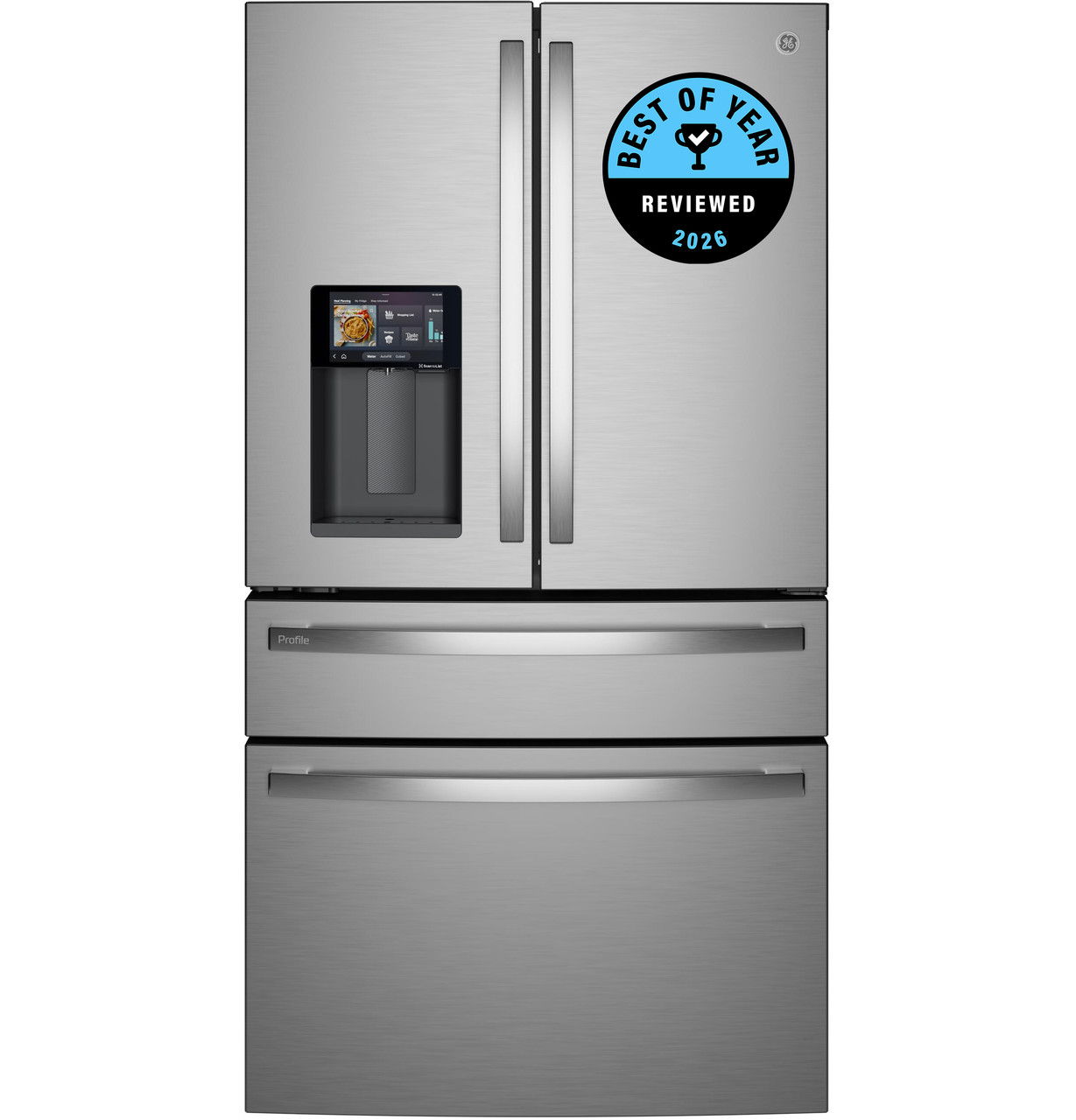 Stainless steel refrigerator with water dispenser and award sticker.