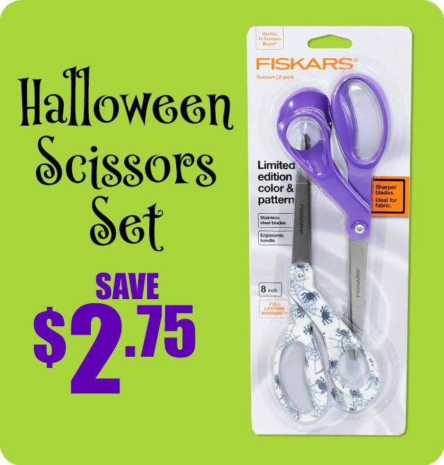 Save $2.75 on Halloween Scissors Set. Image: Fiskars MFG White with Spiders & Purple Scissors Tool.