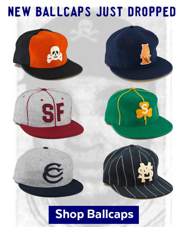 Six hats from a new collection are displayed in two columns. From top to bottom they are: (left column) a black and orange hat with a skull and crossbones, a gray hat with a  burgundy visor, burgundy trim and burgundy felt 'SF', a gray hat with a navy blue visor and navy blue felt interlocking 'CC'; (bottom row) a navy blue hat with an orange owl patch, a green hat with gold trim and a gold felt clover patch with a white felt 'S' in the center, a navy blue hat with white pinstripes and a cream felt interlocked 'SM’.