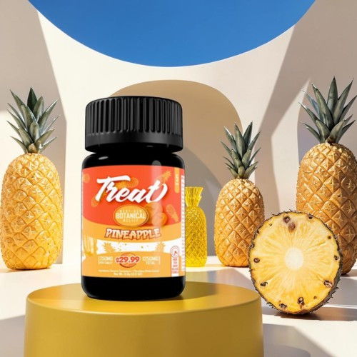 Bottle of Treat gummy vitamins with pineapples in a colorful background.