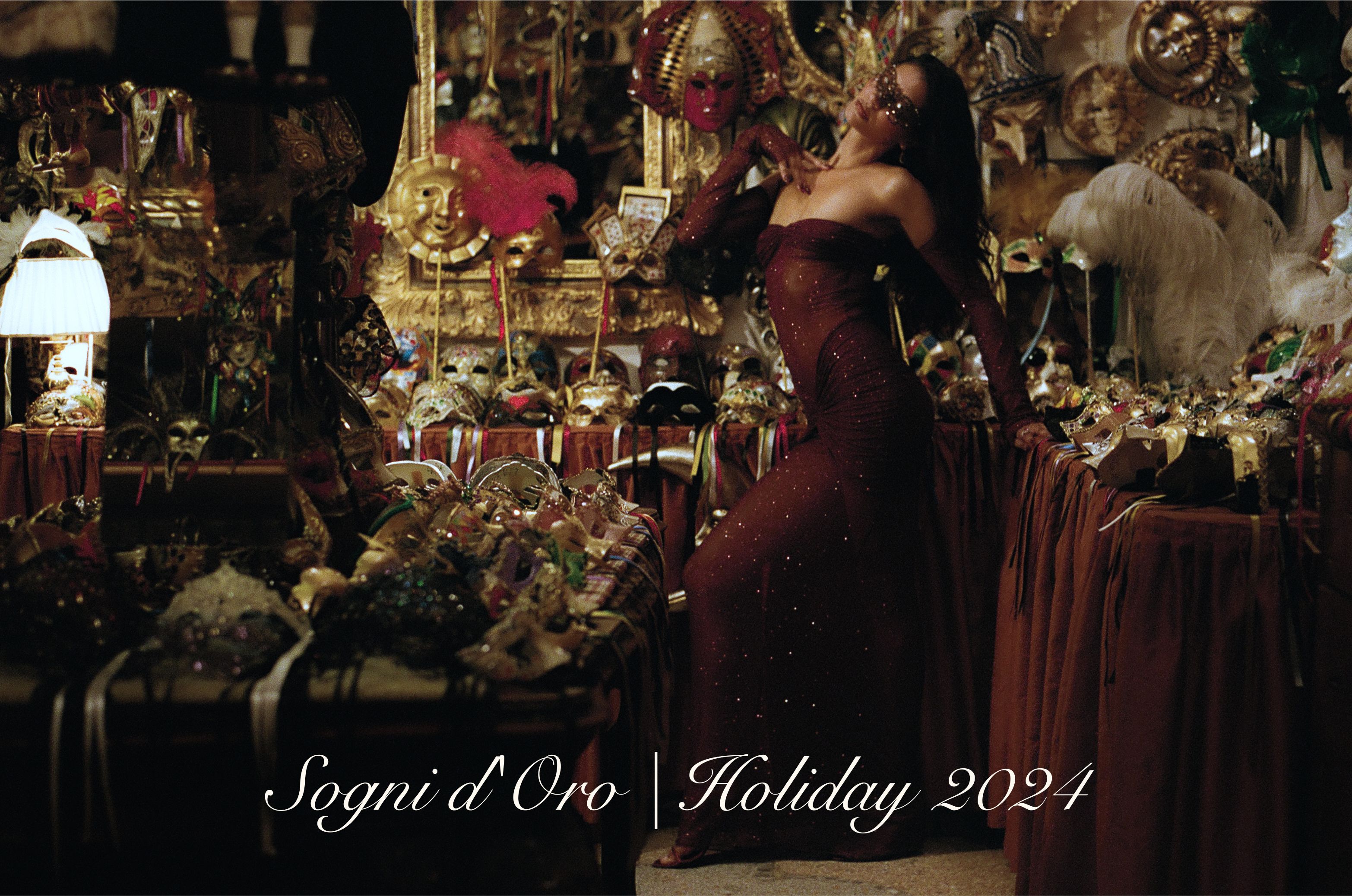 Woman in a red dress amidst festive decorations, labeled 