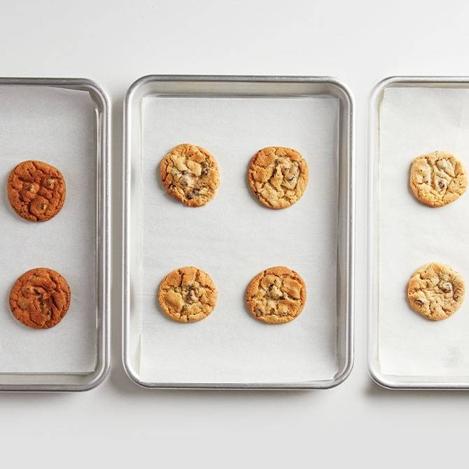 Three sets of cookies baked in the same conditions can turn out very differently — one is burnt, one is perfect, and the last is undercooked.