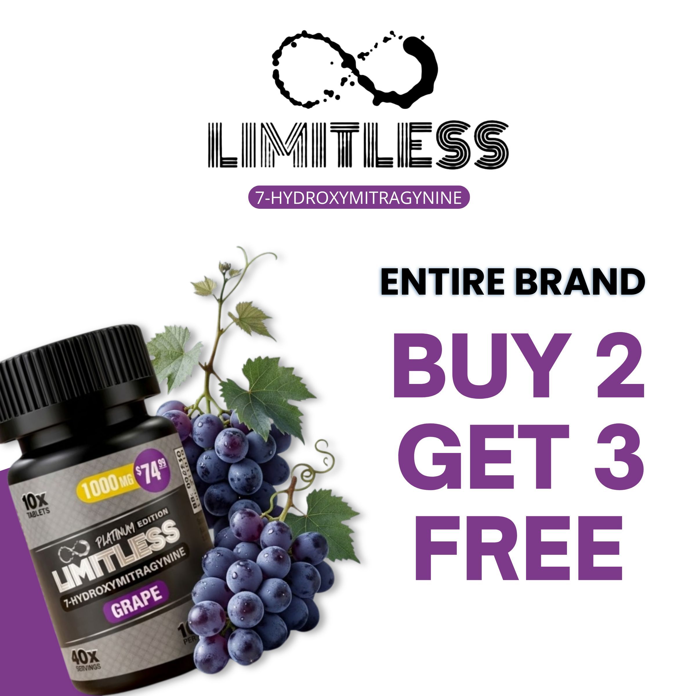 Limitless brand promotion: Buy 2, get 3 free. Grape flavor supplement.