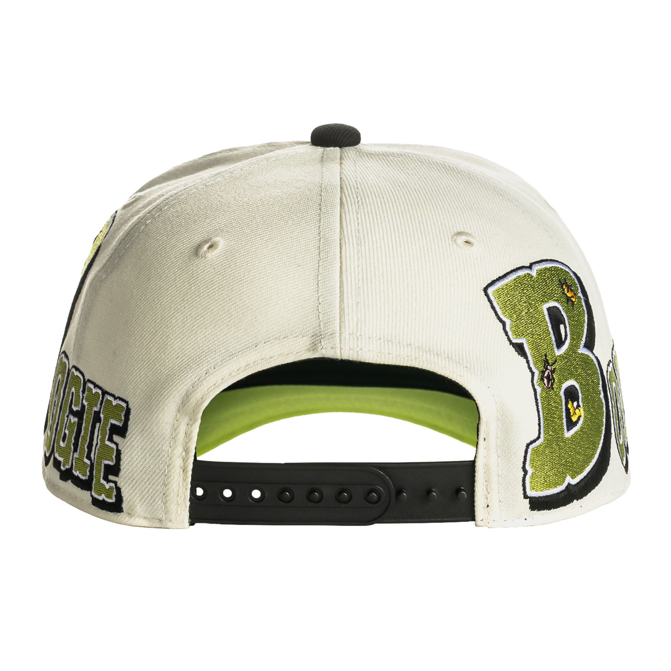 White cap with a green character graphic on the front.