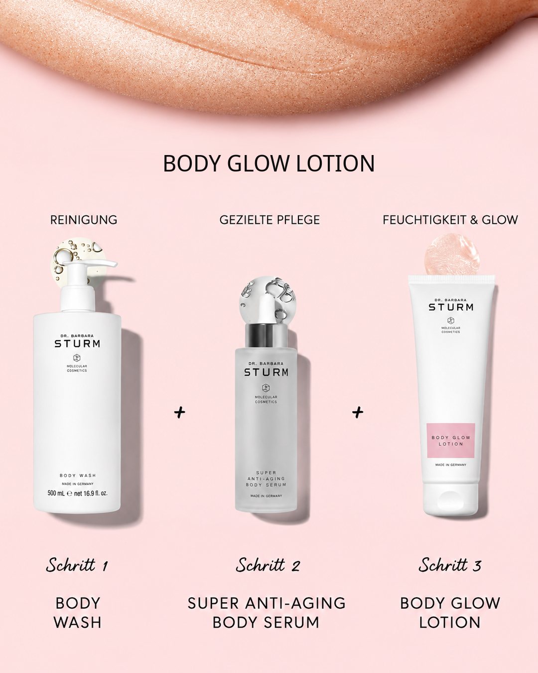 Body glow lotion application steps with product images and descriptions.