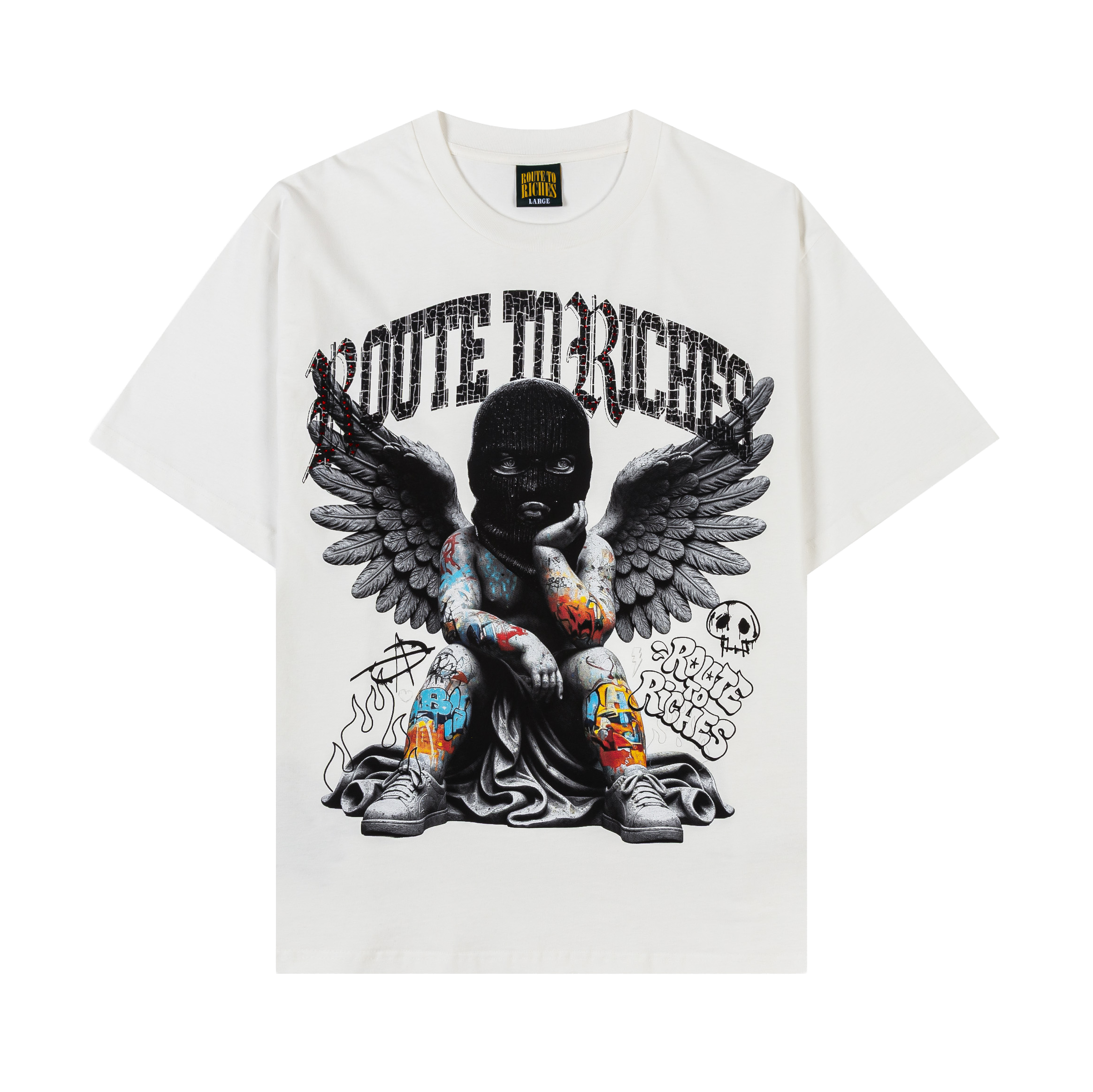 White t-shirt featuring a colorful graphic of a winged figure and 