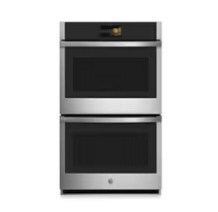 Double oven with stainless steel finish and black glass front.