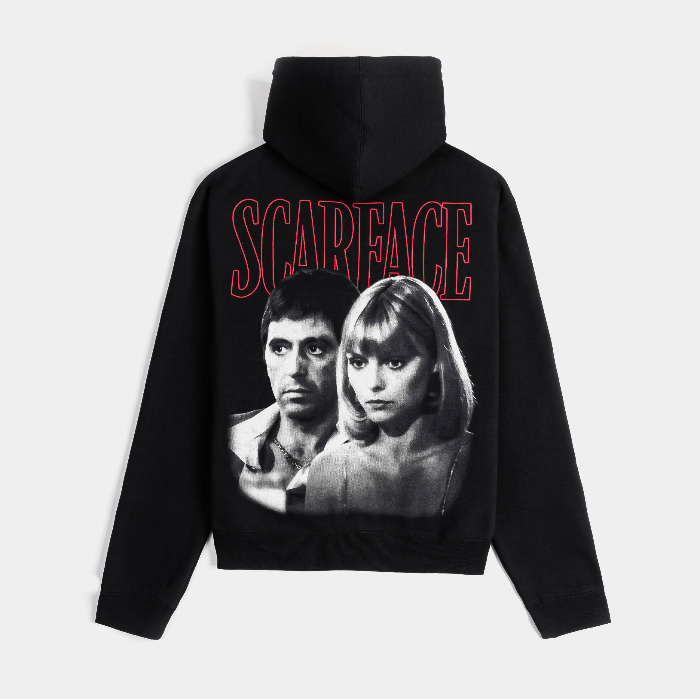 Black zip-up hoodie with a hood and graphic designs.