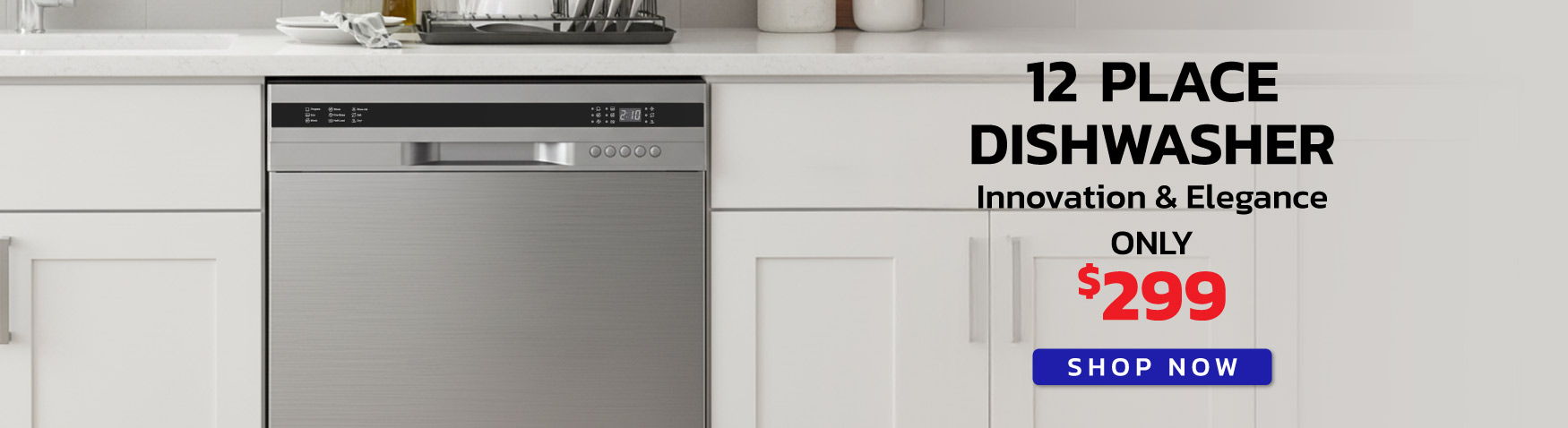 12 place dishwasher on countertop with promotional price.