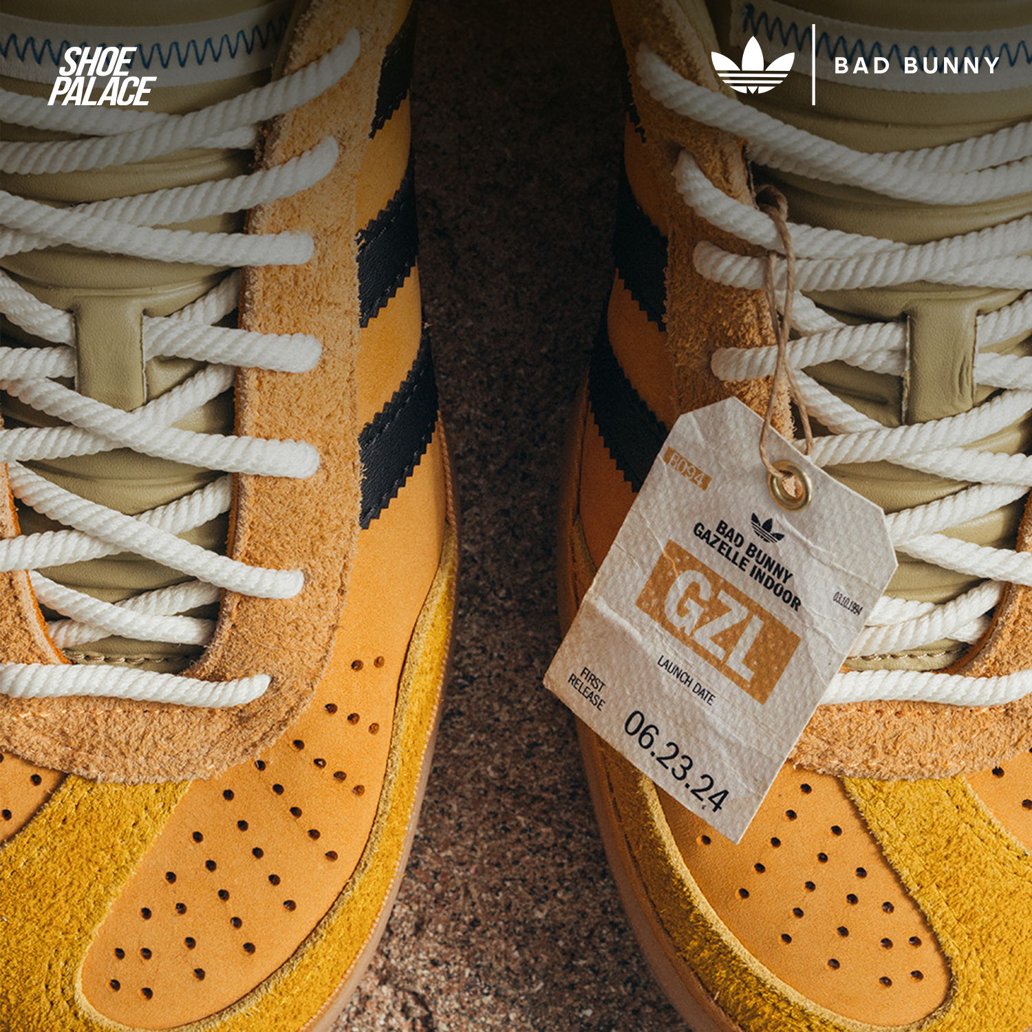 Orange sneakers with stripes and a tag reading 