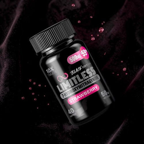 Black bottle of strawberry-flavored dietary supplement on a dark background.