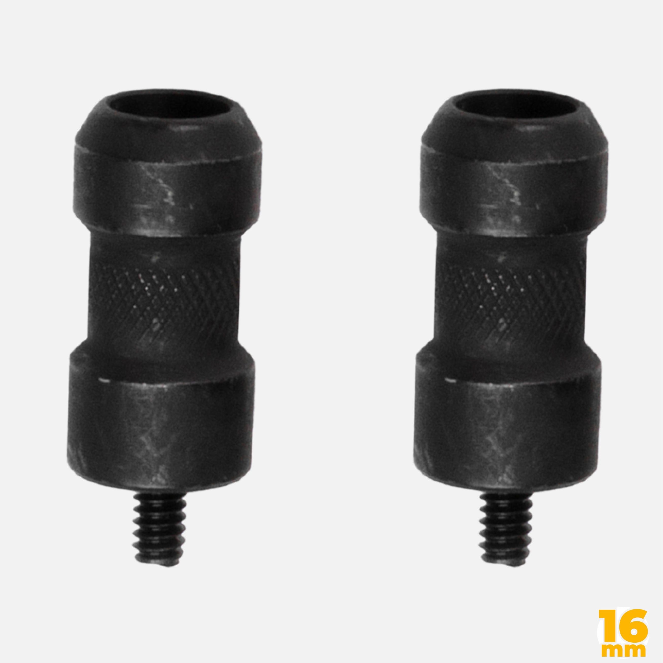 Two black rubber stoppers with threaded ends for attachment.