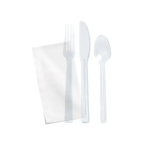 A cutlery kit with a clear fork, knife, and spoon, a napkin, and salt and pepper pouches