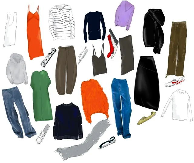 Various clothing items arranged artistically, including tops, pants, and shoes.