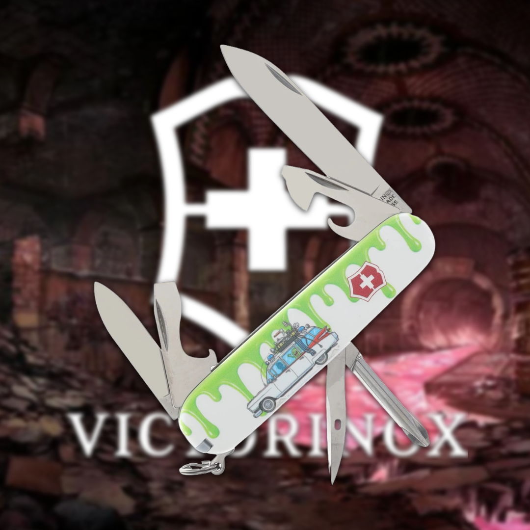 Swiss Army knife in front of Victorinox logo.