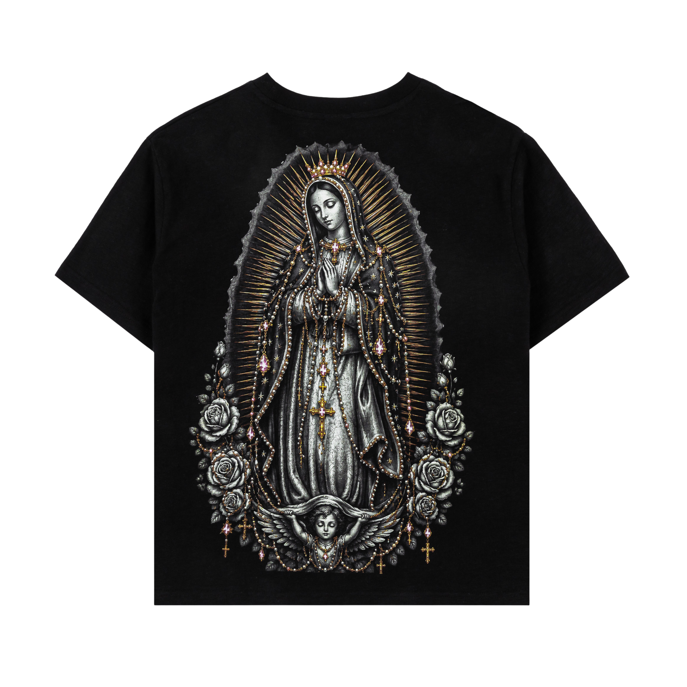 Black t-shirt with gold cross and text 