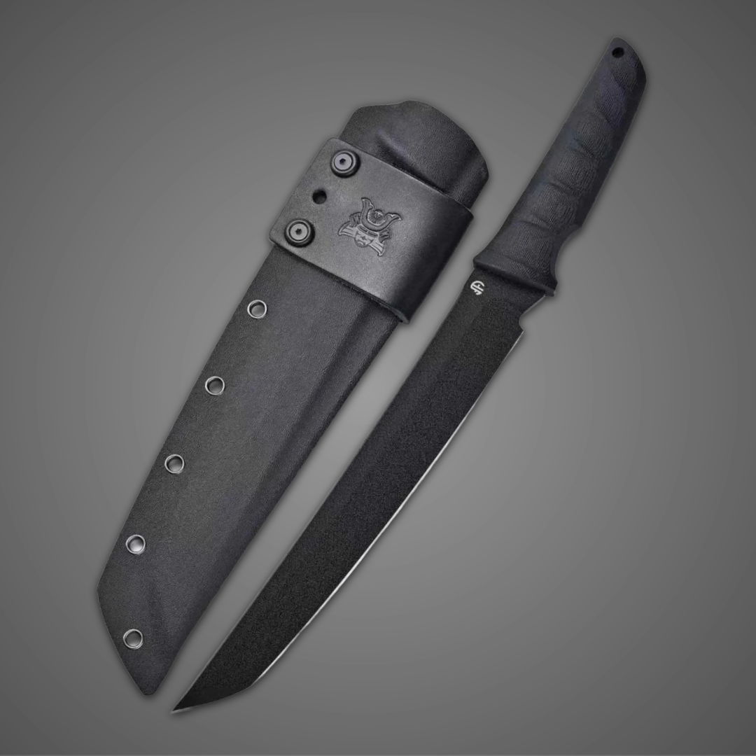 A black knife with a sheath on a gray background.