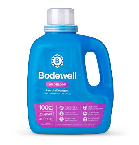 Blue bottle of Bodewell laundry detergent with a pink label.