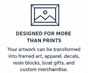 Framed artwork icon with text describing custom boat artwork designed for more than prints, including framed art, apparel, decals, resin blocks, boat gifts, and custom merchandise.