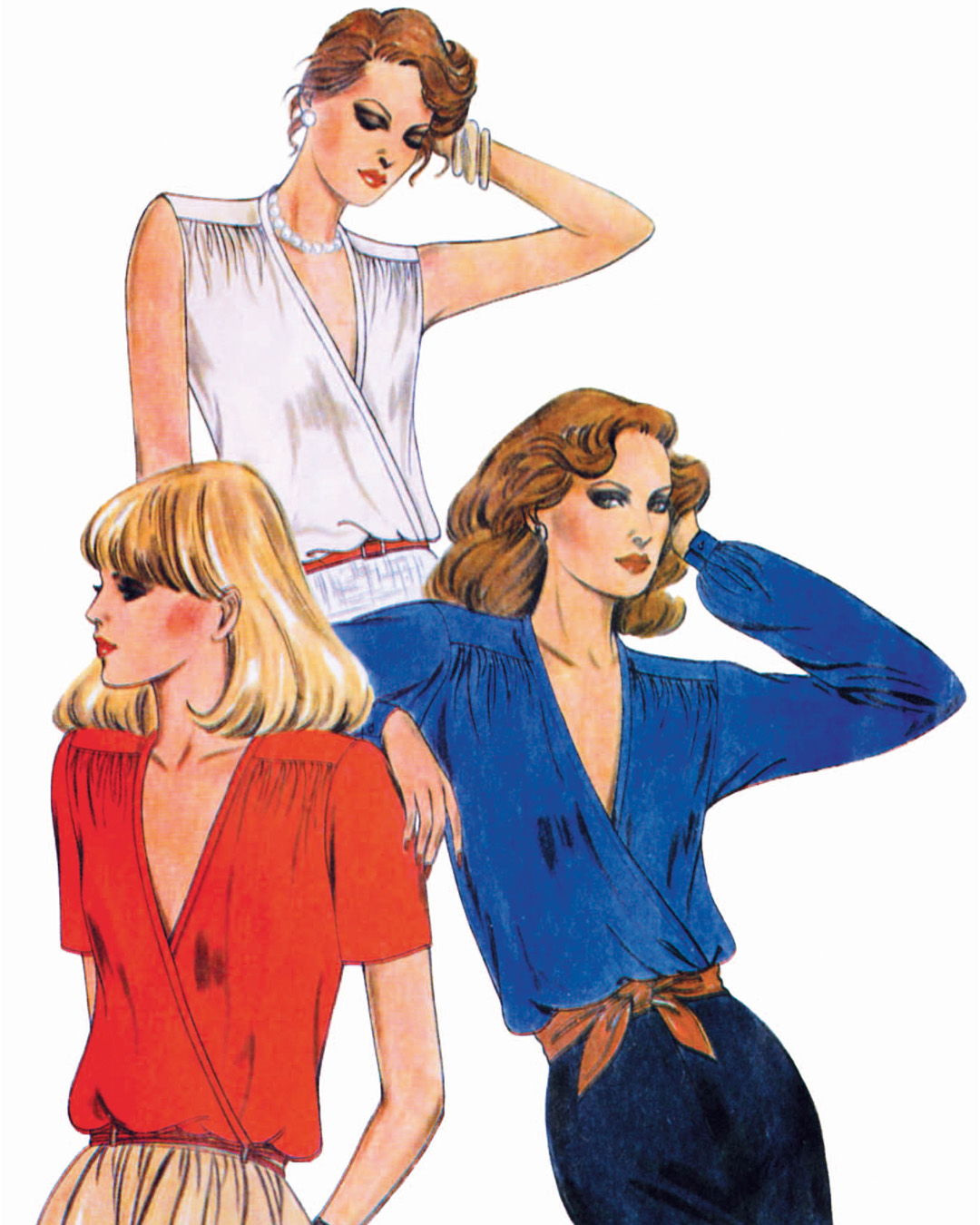 Three fashionable women in stylish blouses, showcasing different colors and poses.