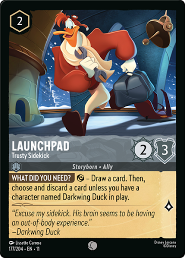 Card featuring Launchpad, a character from Disney, with abilities and stats.