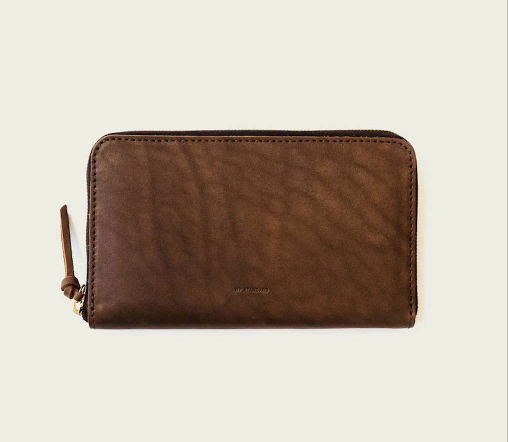 brown leather wallet with a zipper