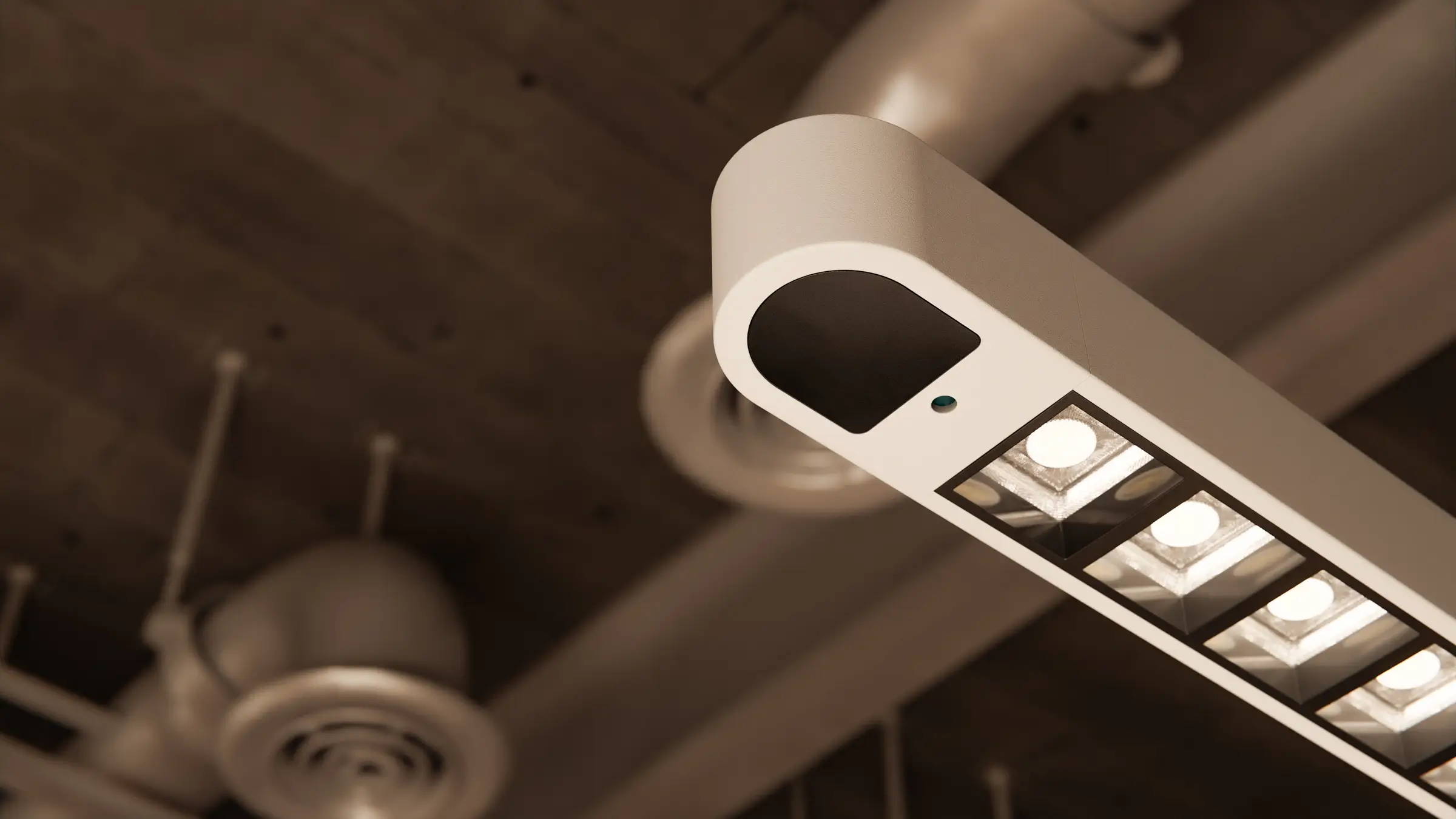 White " Lumino Pro" floor lamp by ofinto, viewed from below—open-plan office features OSRAM LED lights viewed from below, with a slim, high-quality lamp head equipped with a sensor