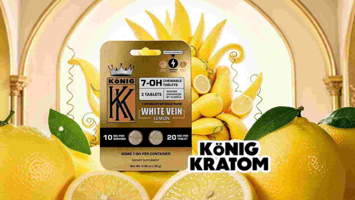 Kratom product packaging with lemons and a yellow background.