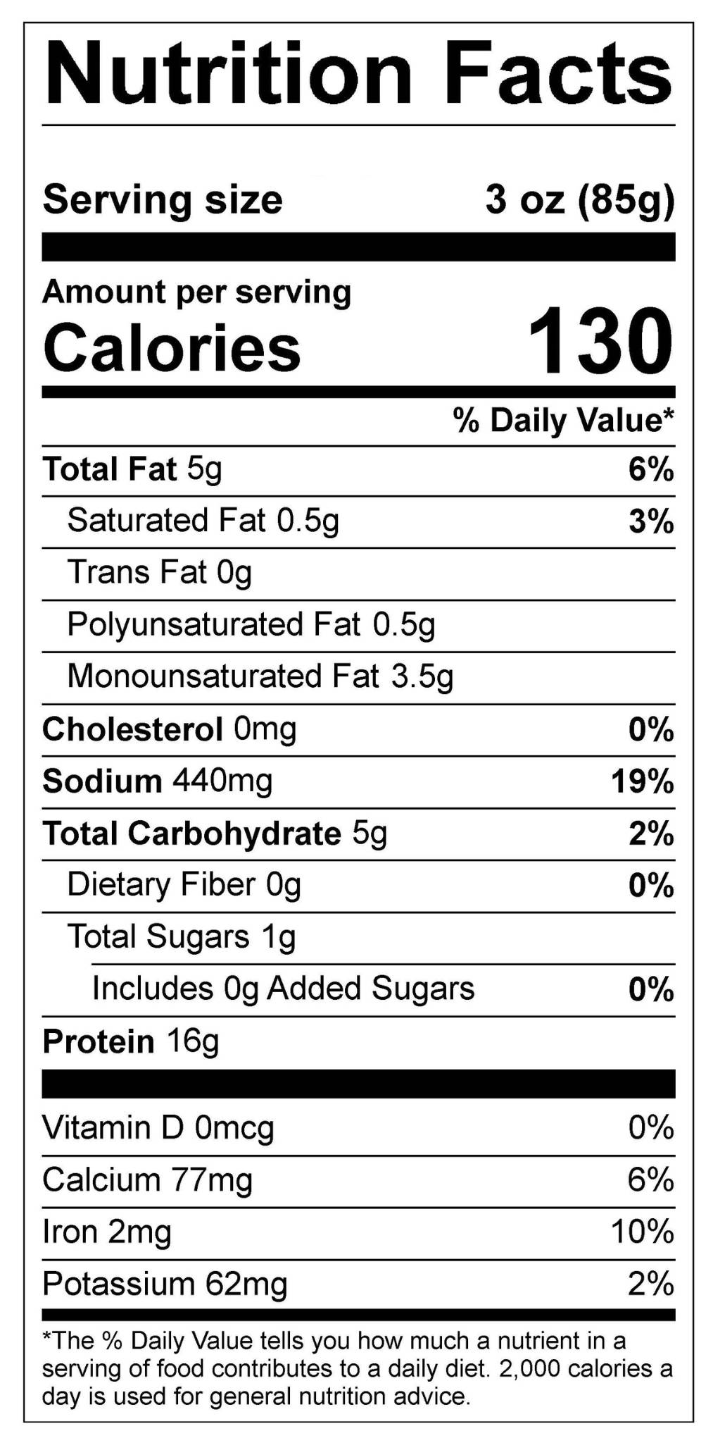 Naked, Subtly Seasoned Harvest Shreds Nutrition panel showing 3 ounce servings macro nutrients: 130 calories, 5 grams of total fat including ½ gram saturated fat, 5 grams of carbohydrate including 0 grams of fiber and 0 grams of added sugar and 16 grams of protein.