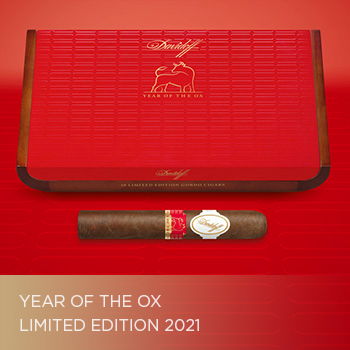 Year of the Ox Limited Edition 2021 cigar box with cigar in front.