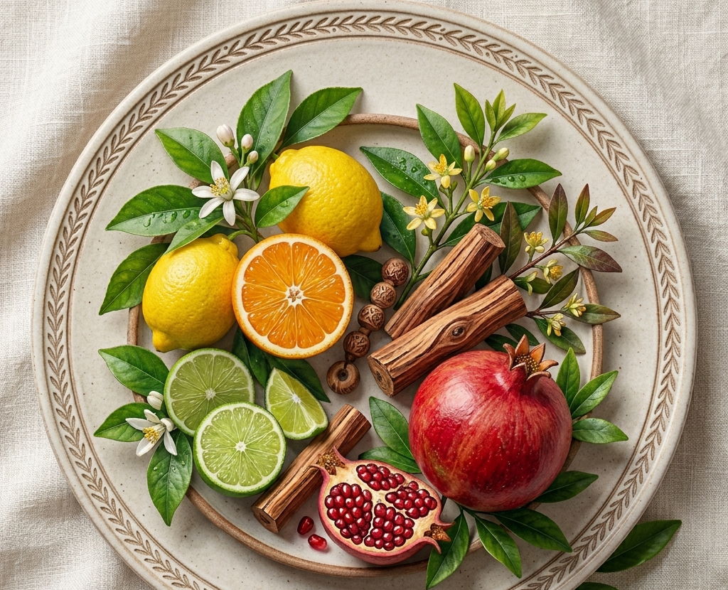 Teller mit Citrus Granatapfel und Sandelholz 