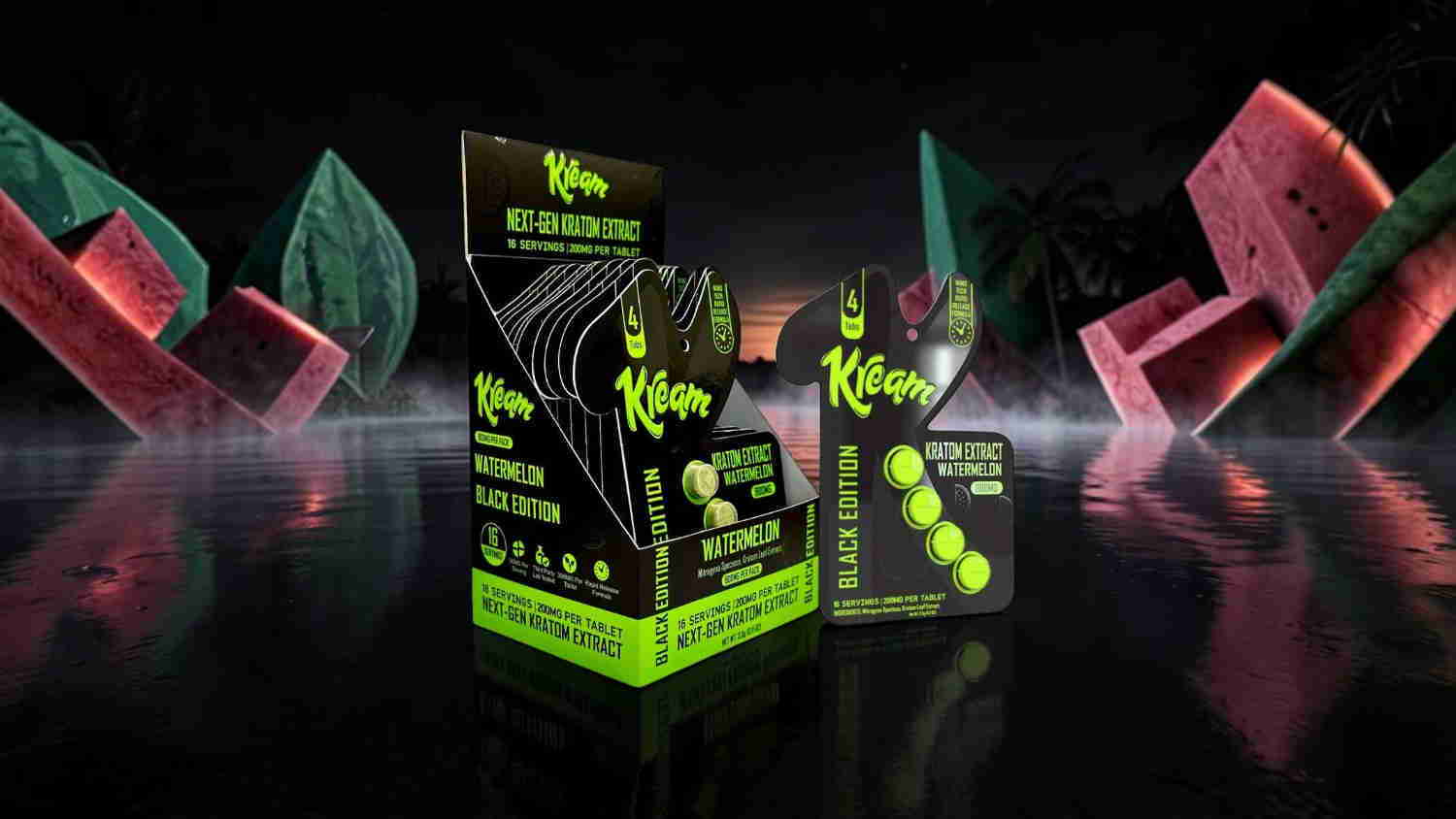 Packaging of a product against a dark, colorful background.