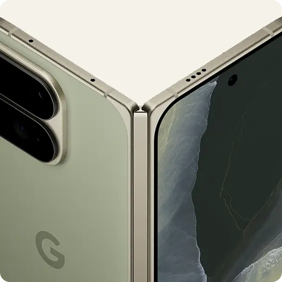 Folded smartphone showing camera and screen details.