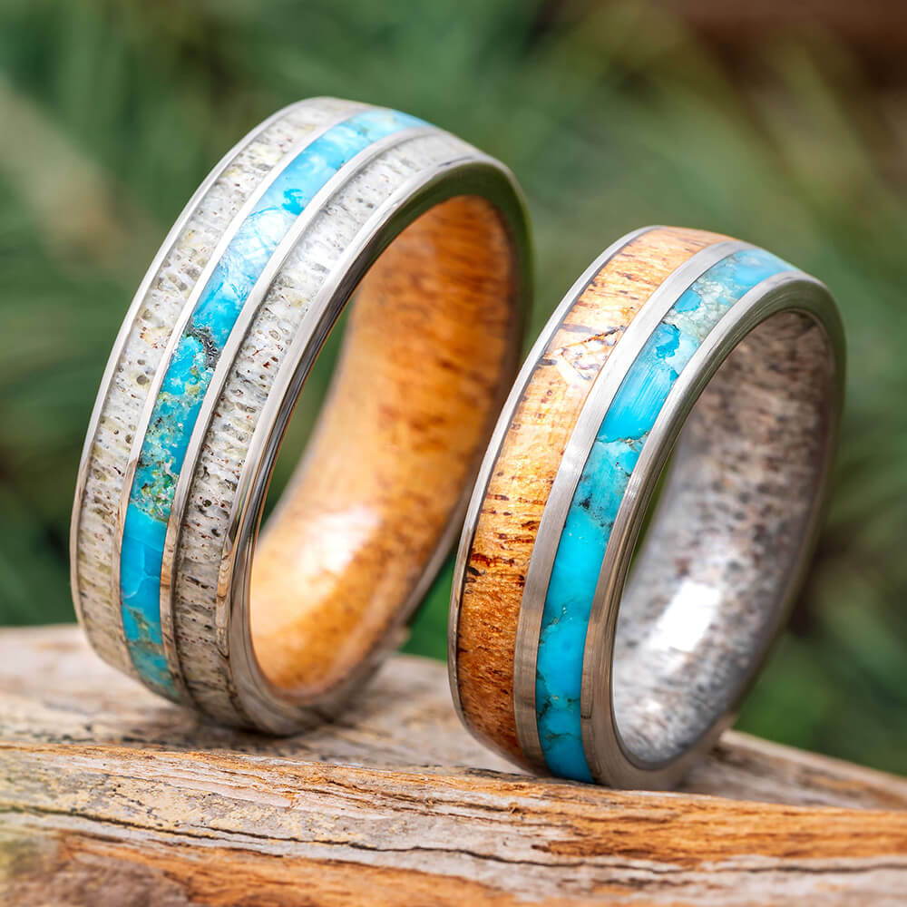 Matching Wedding Rings with Antler and Turquoise