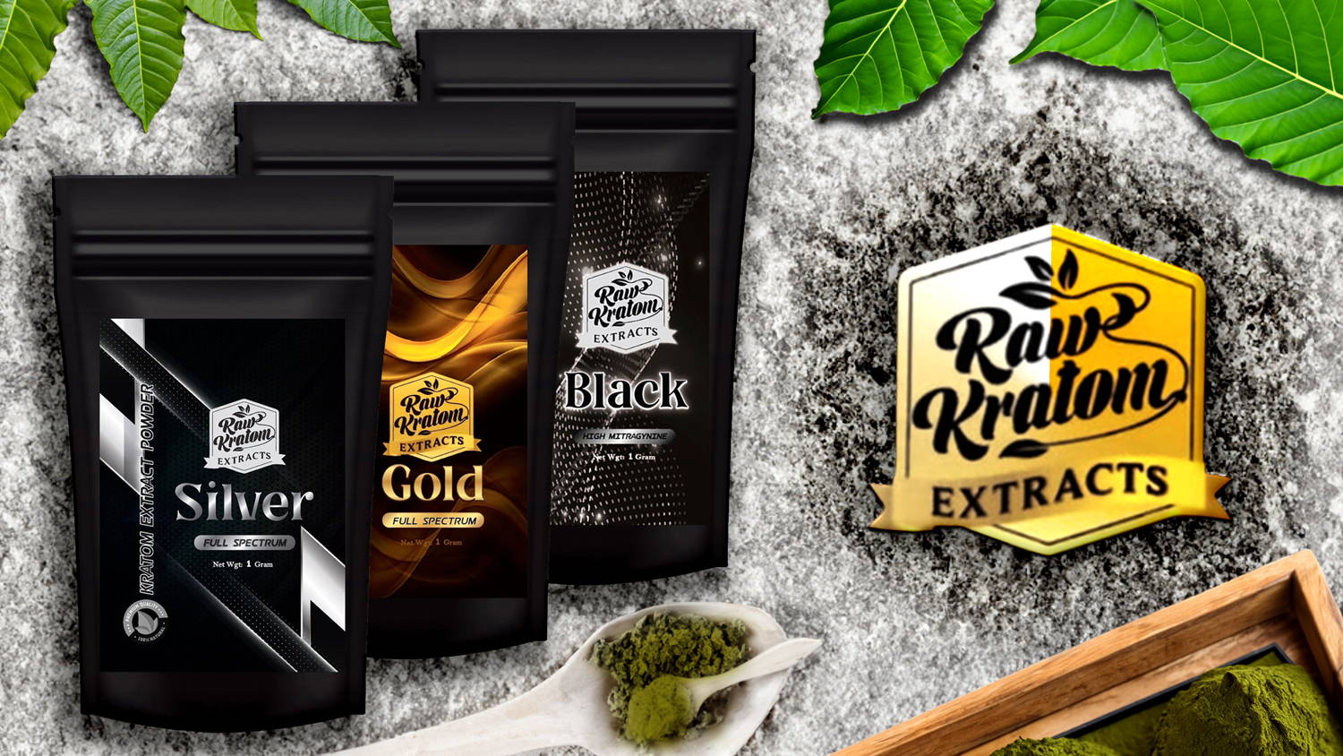 Raw Kratom Extract Powder Bundle Black, Gold, and Silver