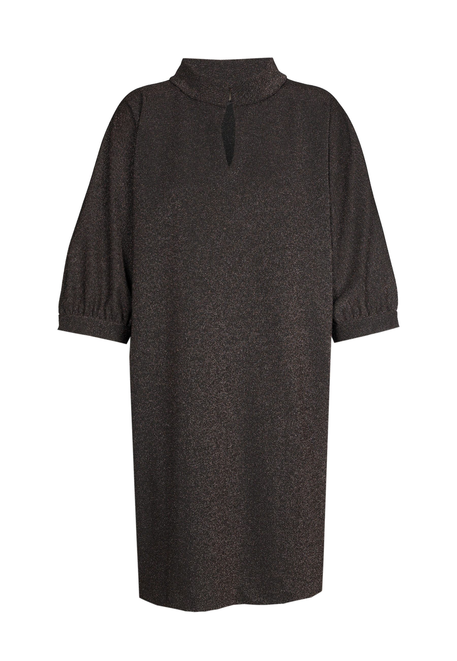 Dark gray dress with a high collar and short puff sleeves.