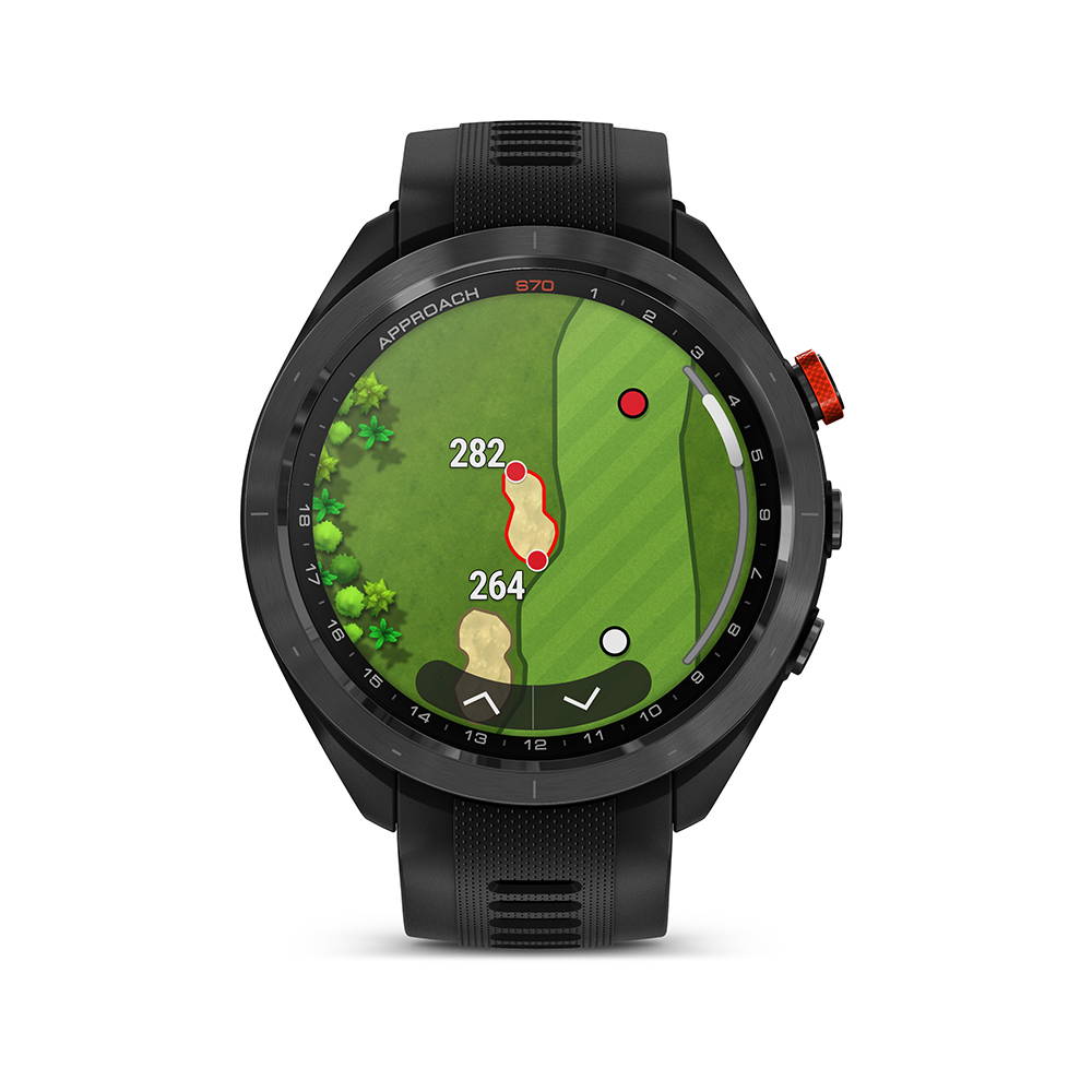 Garmin Approach S70 golf GPS watch showing distances on the golf course of hazards on AMOLED display