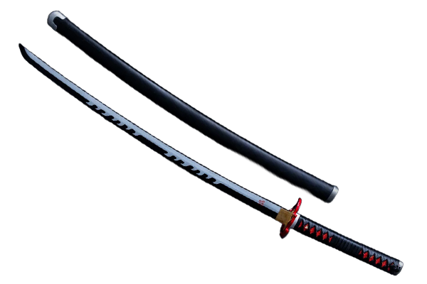 A katana with a black sheath and red accents.