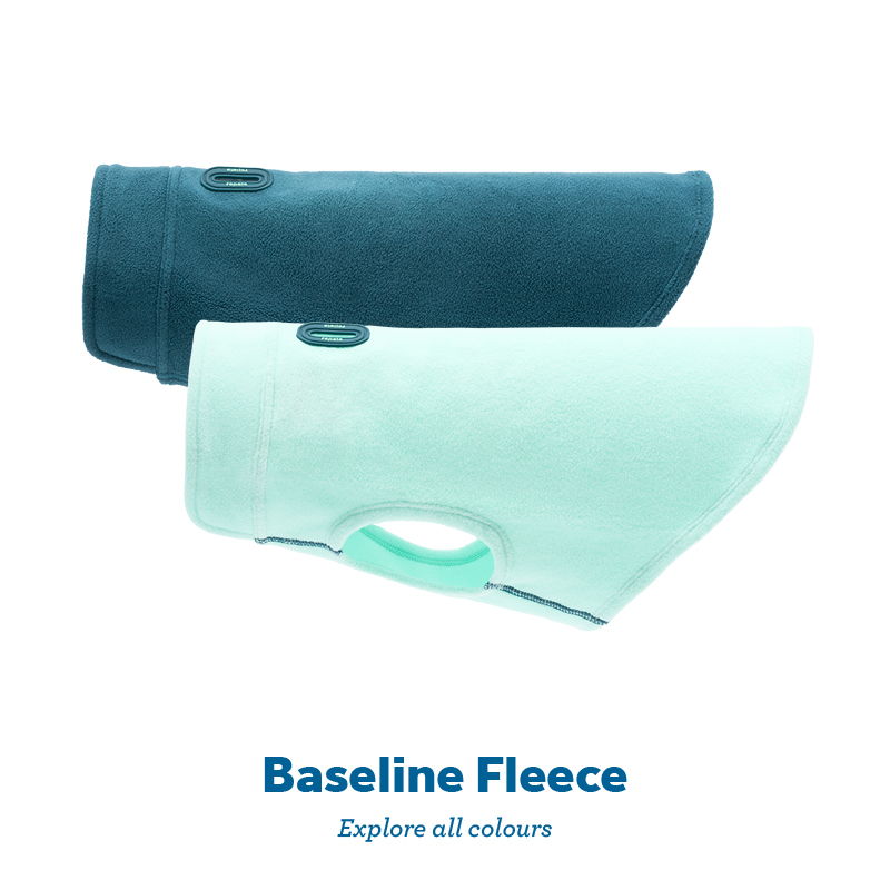 Two fleece garments in blue and mint green with text 