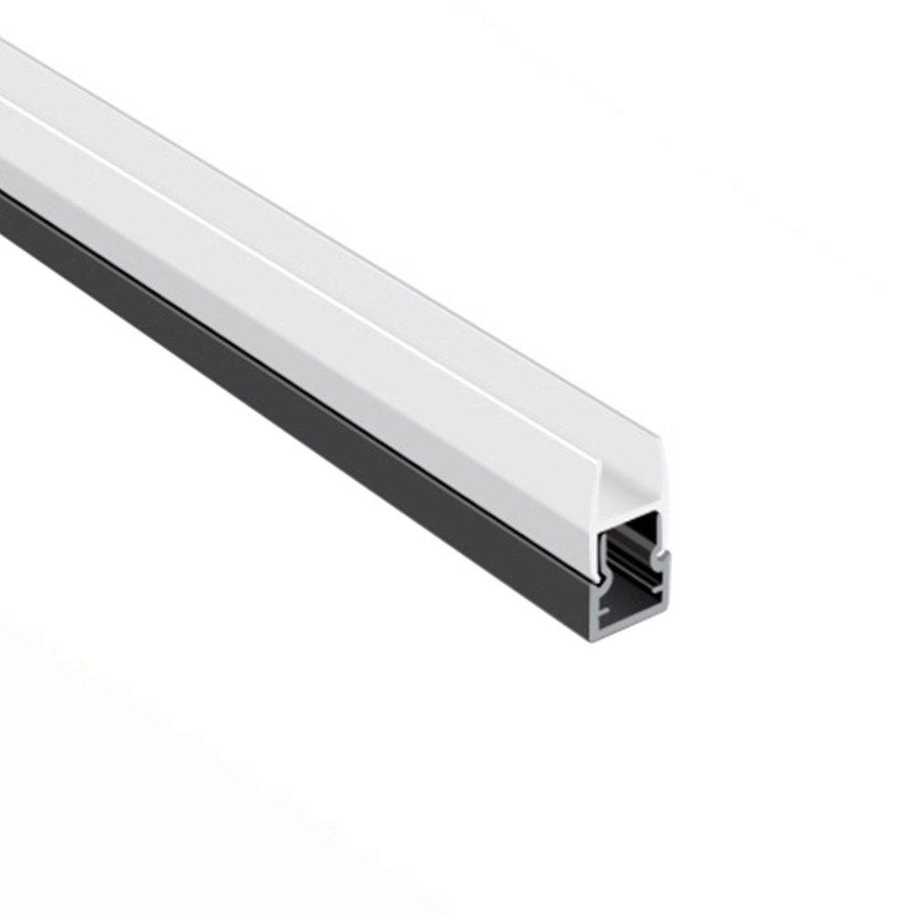 A long, rectangular plastic profile with a white top and black bottom.