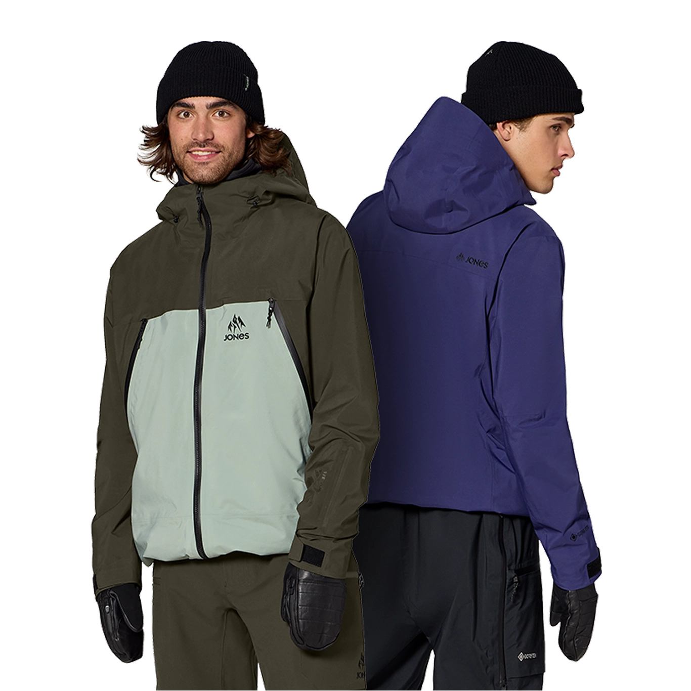Two men wearing winter jackets and beanies, facing away from each other.