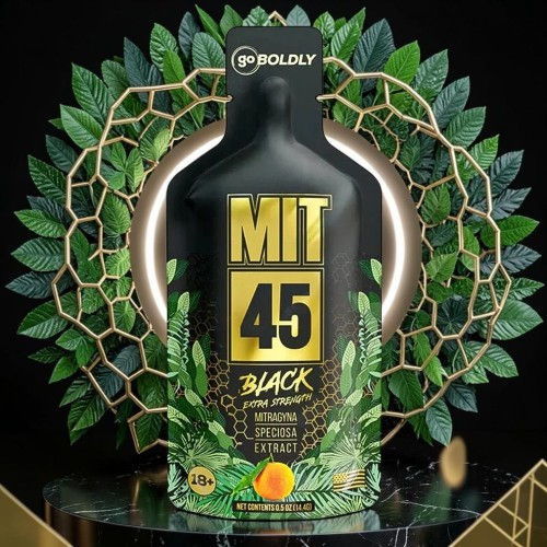 Black bottle of MIT 45 with green leaves and geometric background.
