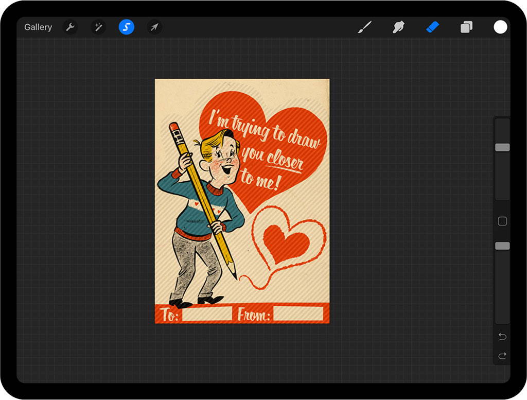 Selected areas of Valentines card design being isolated in Procreate on an iPad