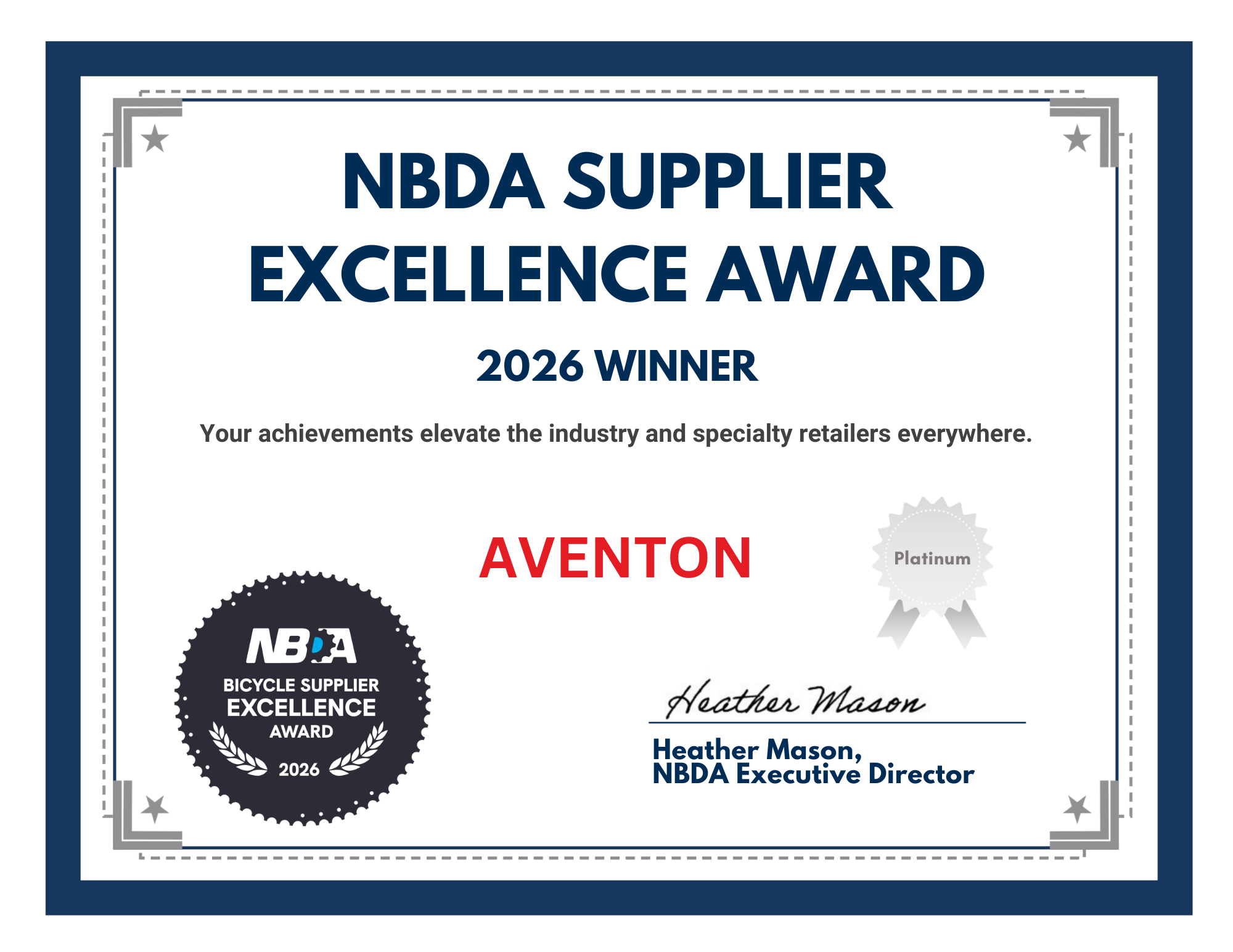 Certificate for NBDA Supplier Excellence Award, 2026 winner: Aventon.