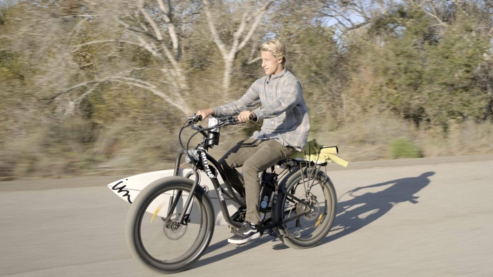 Jeremy Carter Riding Fat Pax Step-Thru Electric Bike with Surfboard | Murf Electric Bikes
