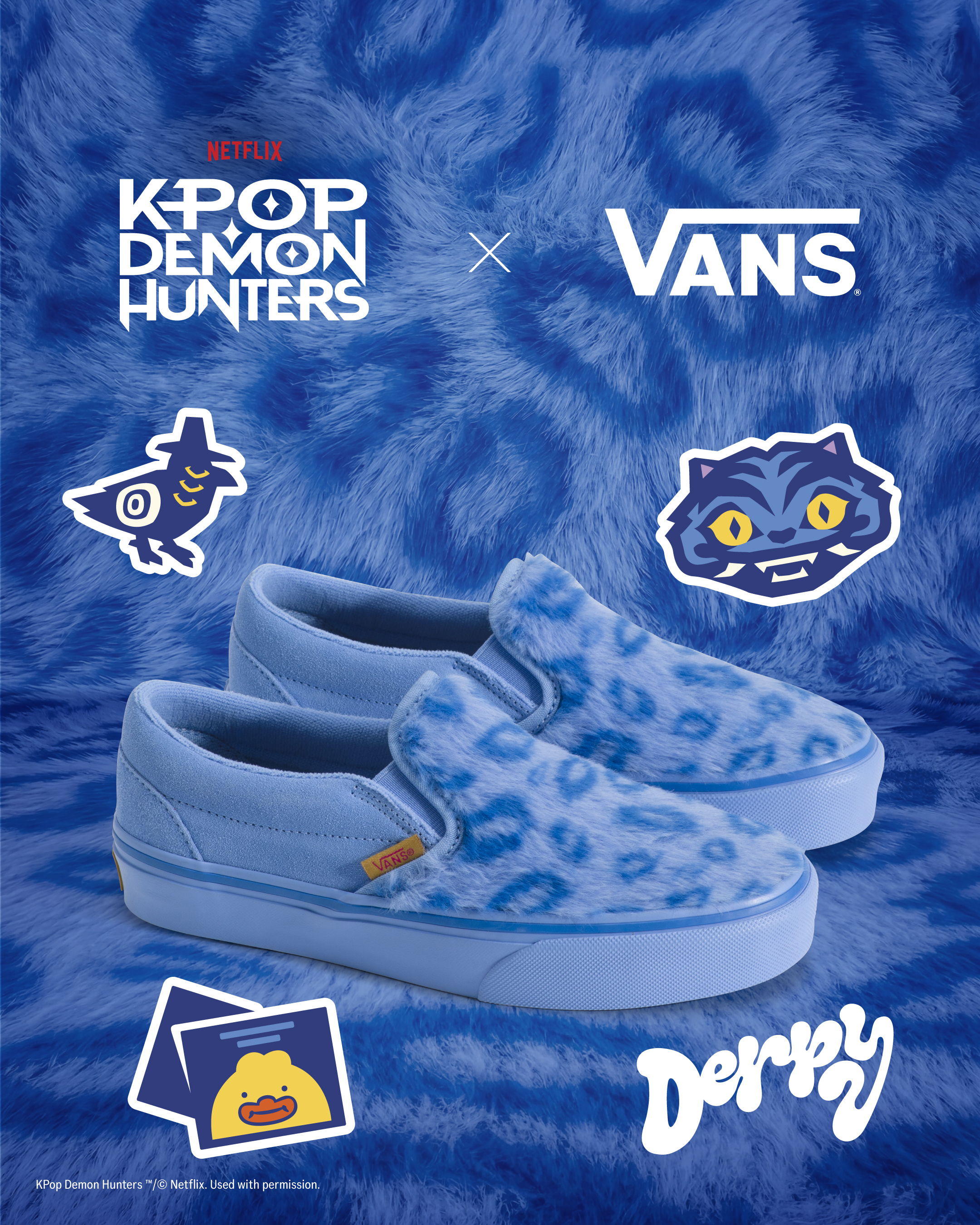 Blue Vans shoes with Kpop Demon Hunters branding and stickers on a blue background.