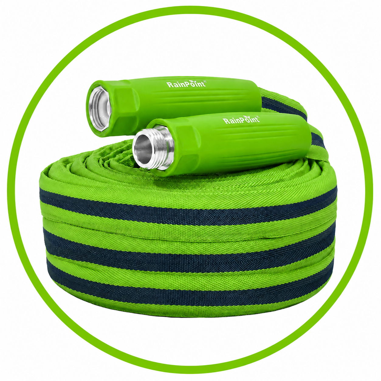 Green expandable garden hose with blue stripes and ergonomic handles.