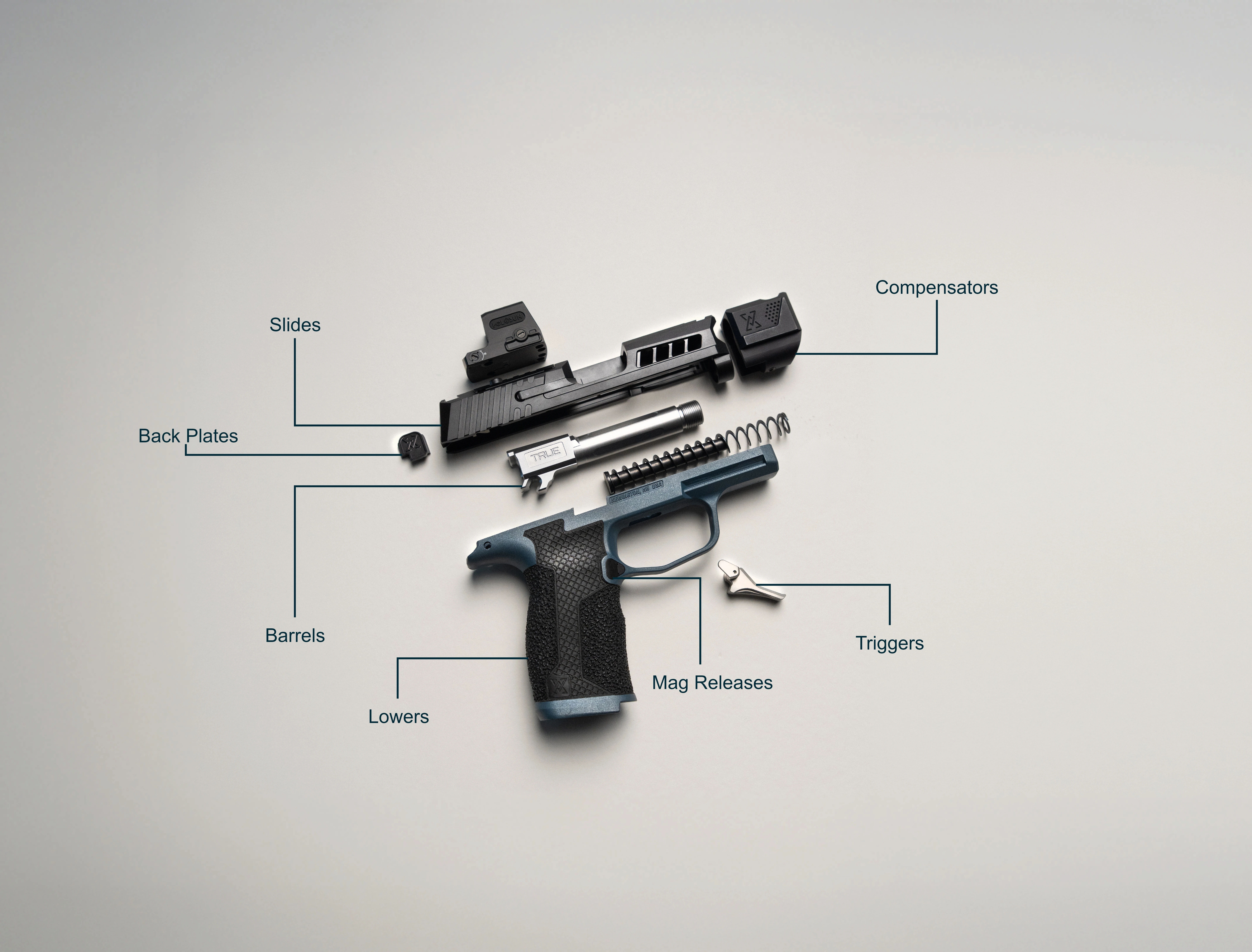 Disassembled firearm components labeled with their names on a neutral background.