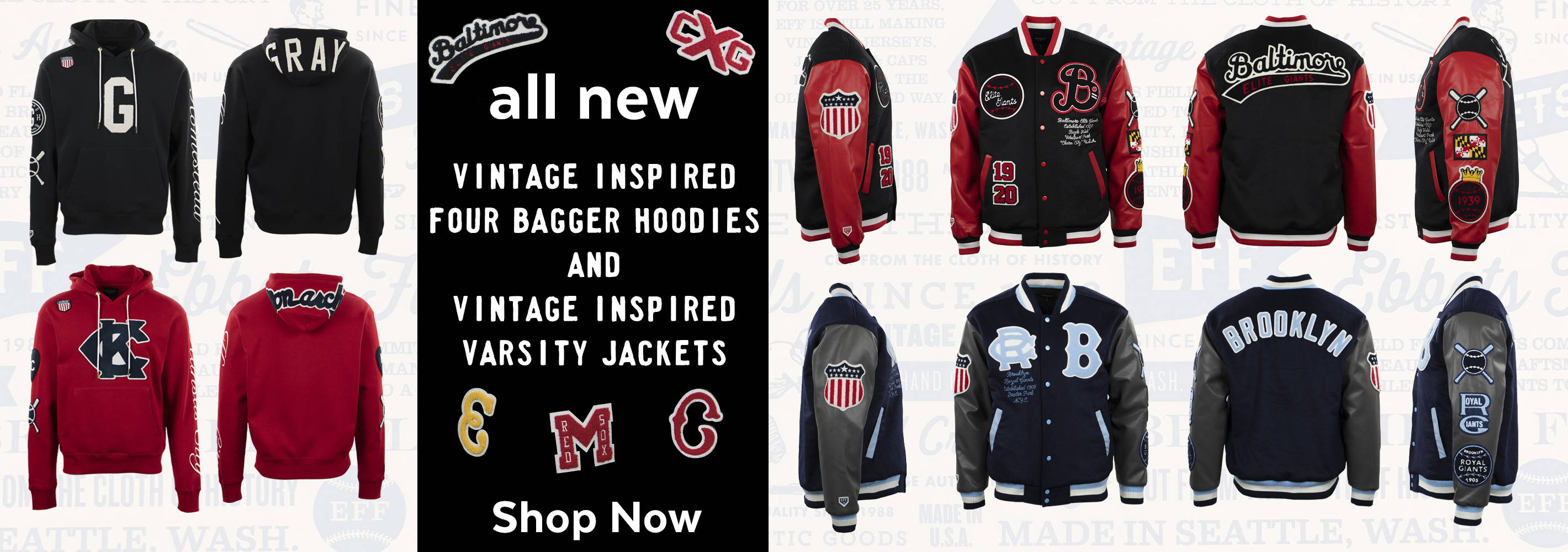 A graphic with pictures on the left side of the front and back of two sweatshirts - one red and one black -  featuring patches on the chest and hood. On the right are two varsity jackets - one navy blue with black sleeves and one black with red sleeves - with pictures showing the front back and sides to showcases the patches on them. In the center of the graphic is text that reads 