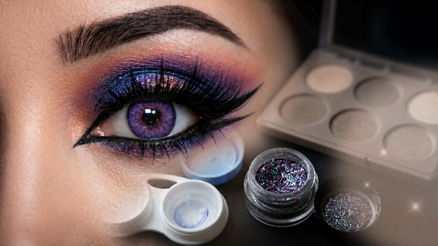 Model wearing purple-blue cosplay contact lenses with full anime-inspired glam eye makeup including graphic liner and false lashes — EyeCandys cosplay contacts.